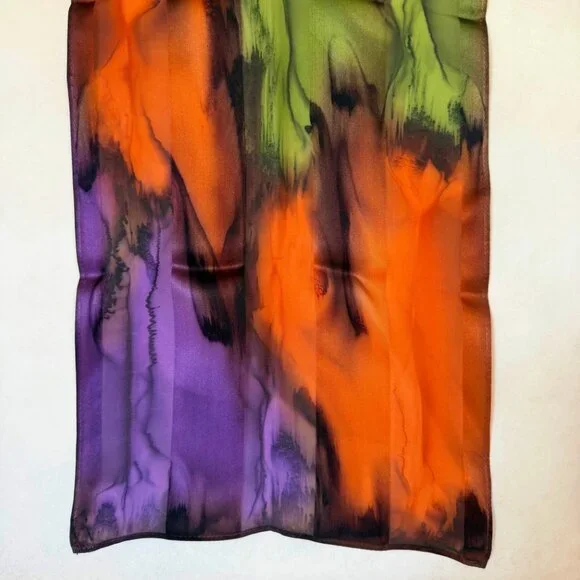 Hand Painted Silk Scarf Purple Green Orange Rectangle Unique Head Neck Wrap New - Picture 4 of 5
